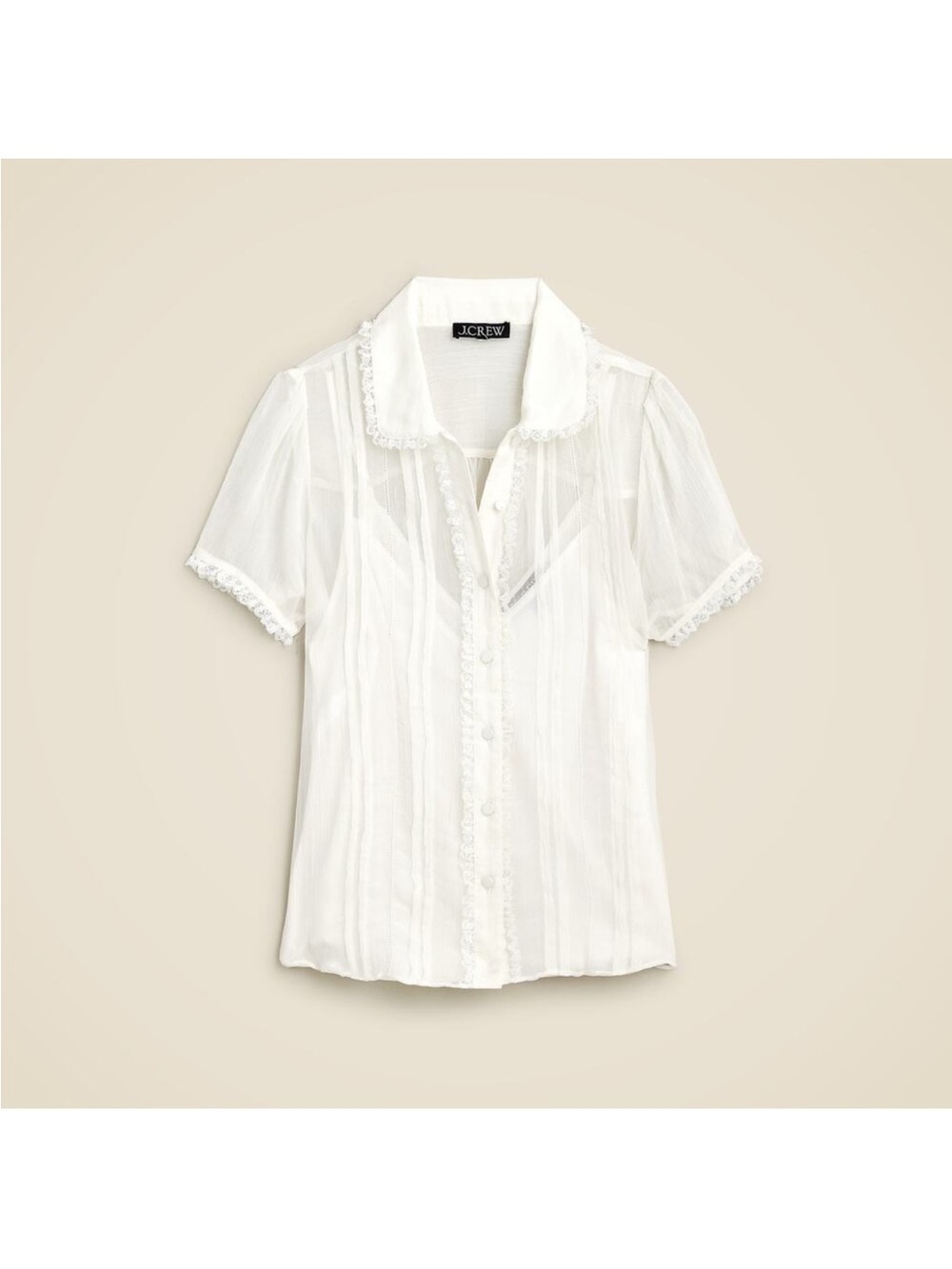 Sheer White Lace-Trim Short Sleeve Blouse - Picture 3 of 11